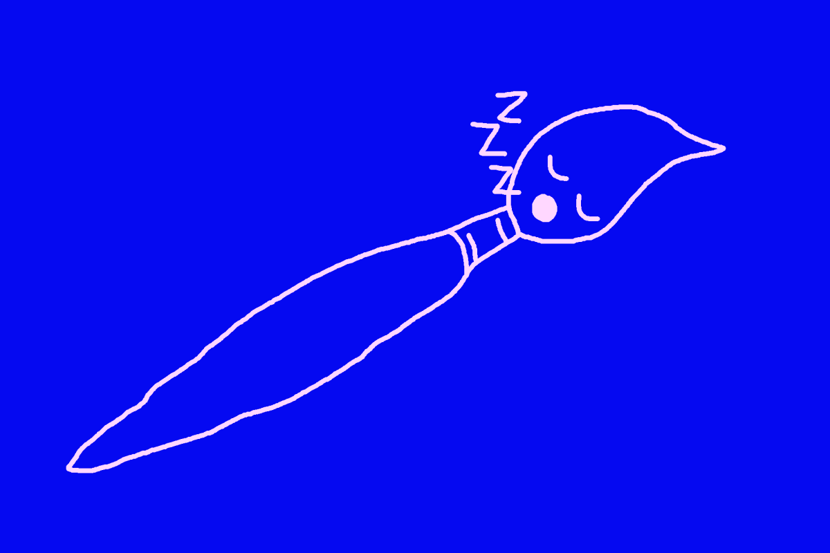 Sur un fond bleu, le dessin naïf d'un pinceau, des yeux fermés sur le haut du pinceau figure une visage endormi