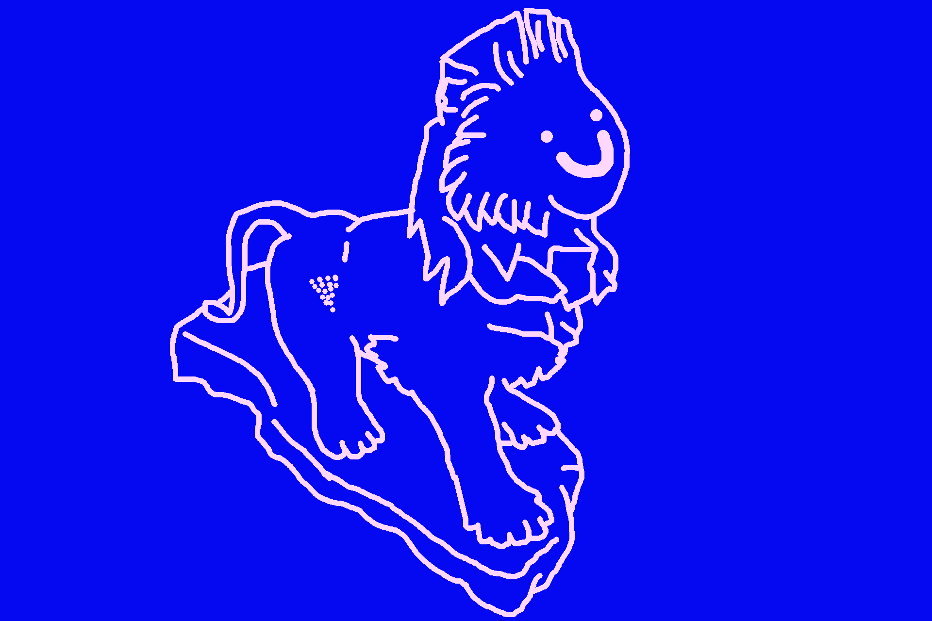 Sur un fond bleu, le dessin naïf, d'une sculpture d'un lion