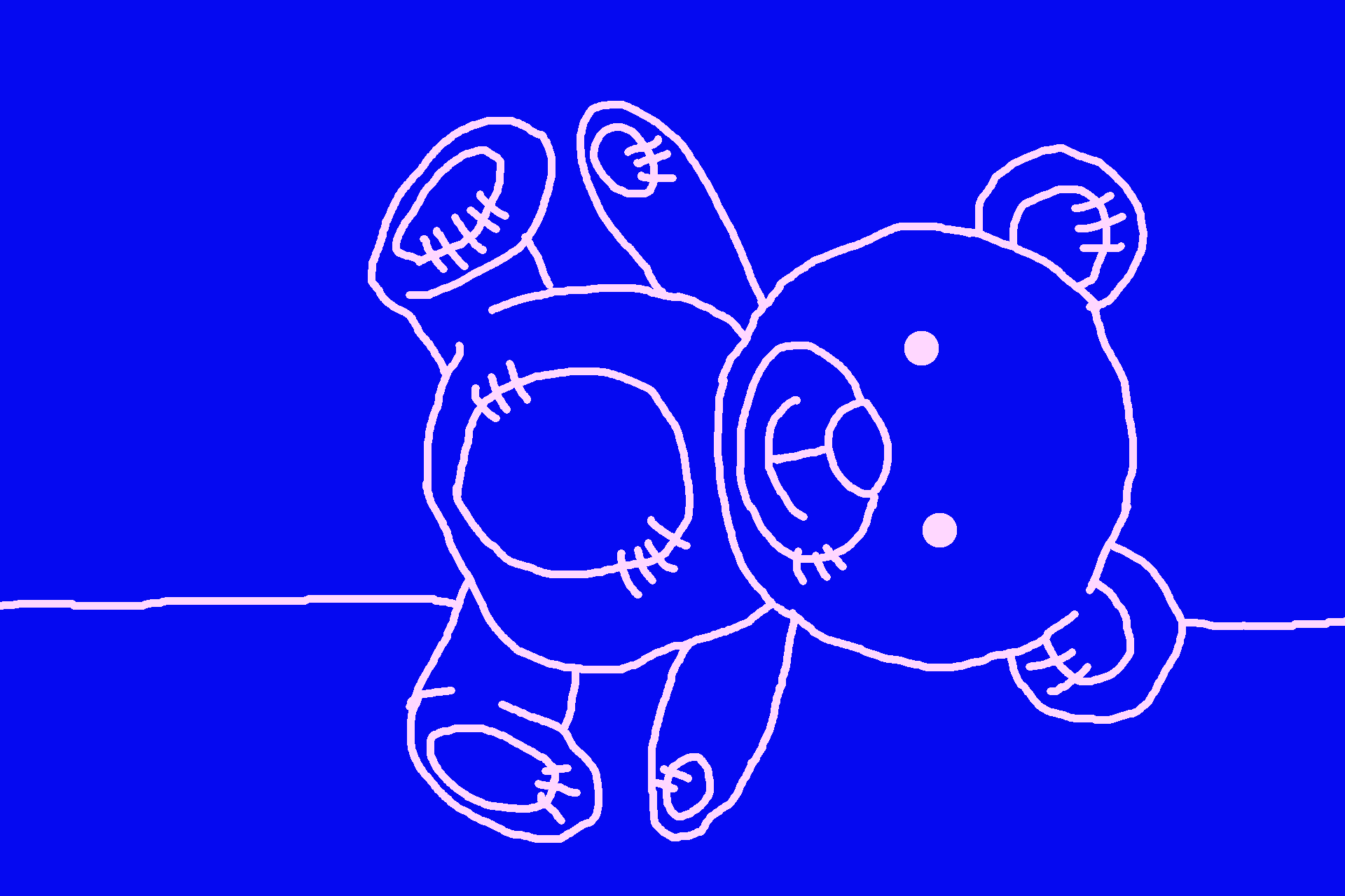 sur un fond bleu, dessin naïf d'un ours en peluche 