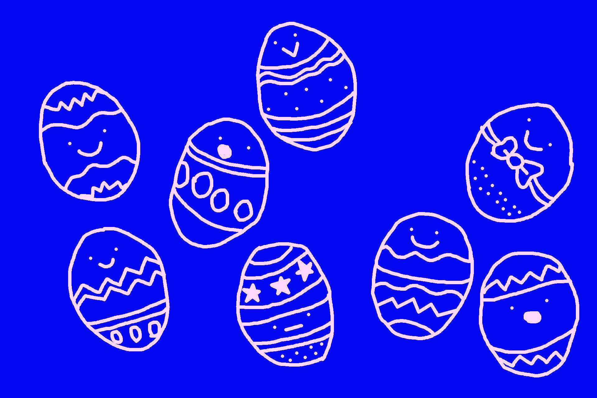 dessin naïf d'œufs décorés, sur fond bleu