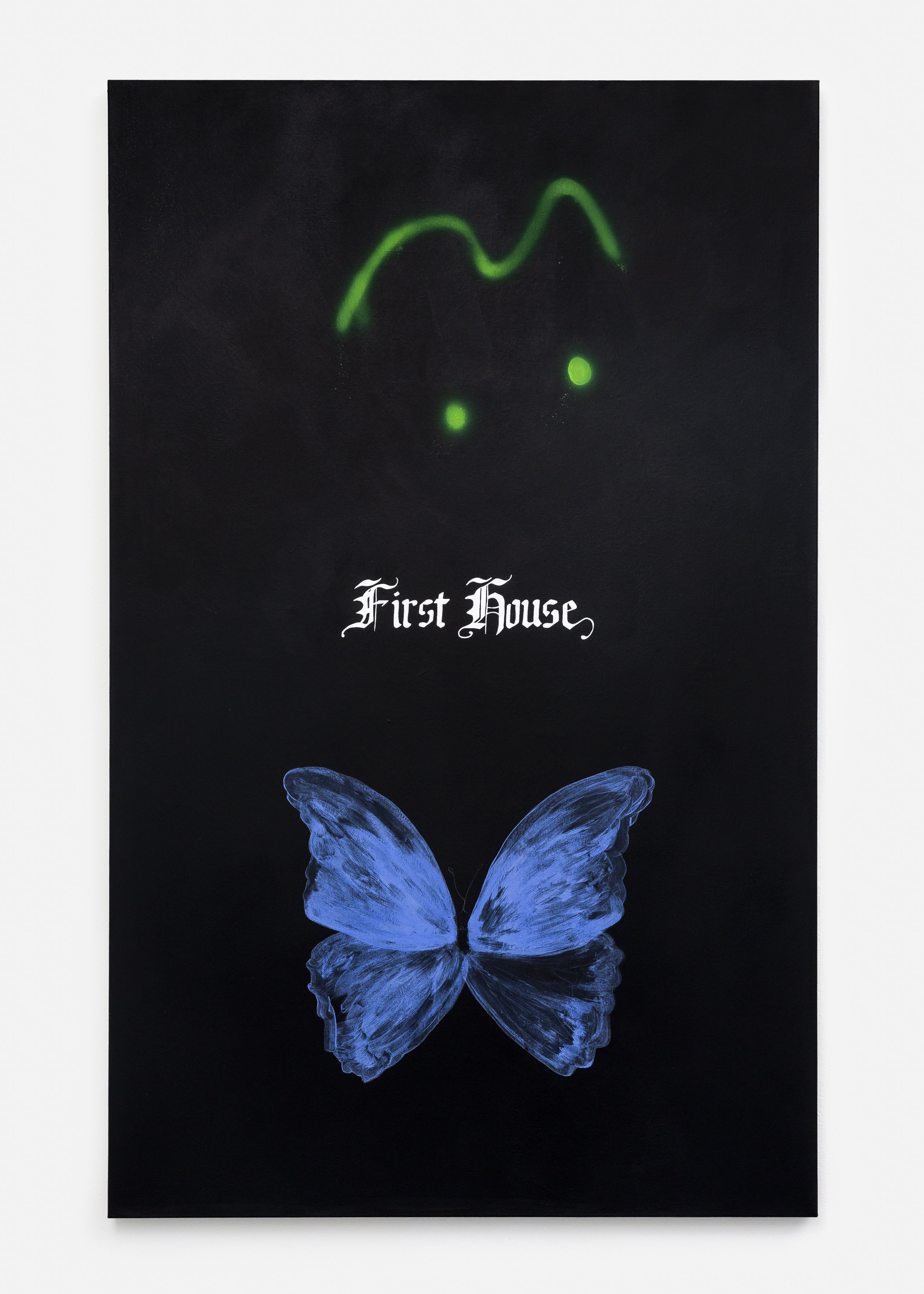 Peinture sur fond sombre avec un papillon et des symboles