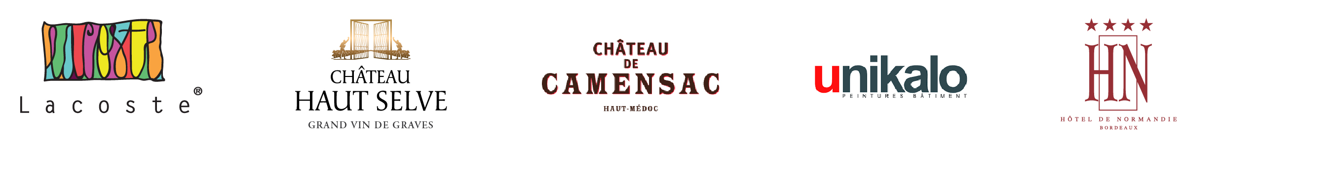 Logos Lacoste Traiteur + Château Haut Selve + Château de Camensac + Unikalo + Hôtel de Normandie