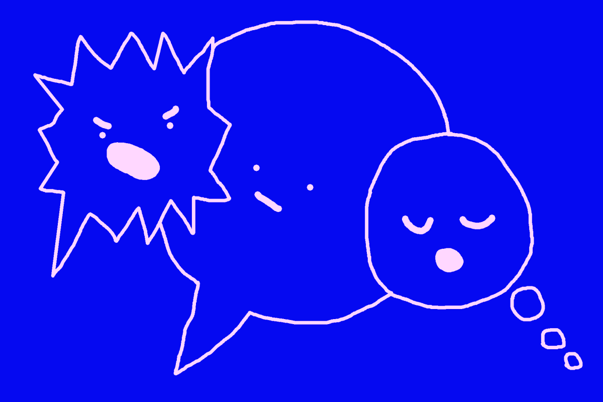 Sur un fond bleu, trois bulles de BD rigolotes. 