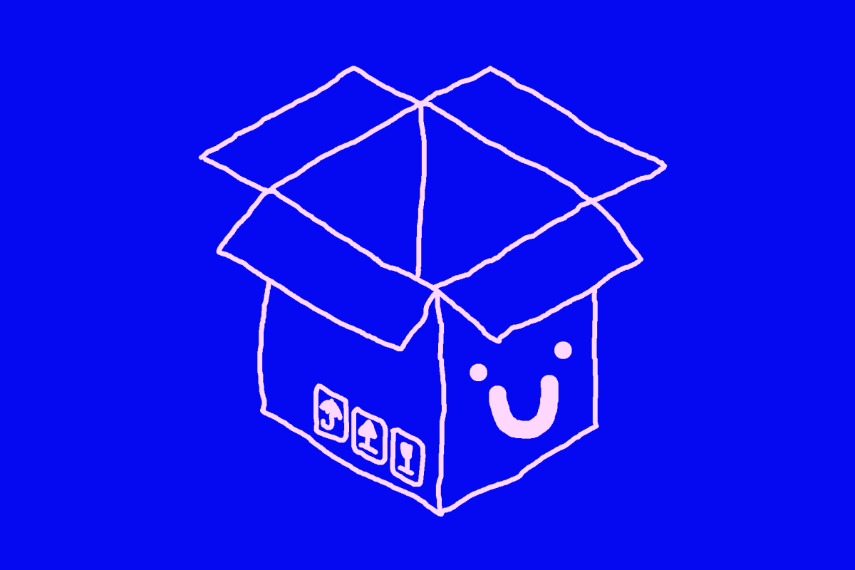 Sur un fond bleu, dessin naïf d'une boite ouverte et sur la boite deux yeux et une bouche