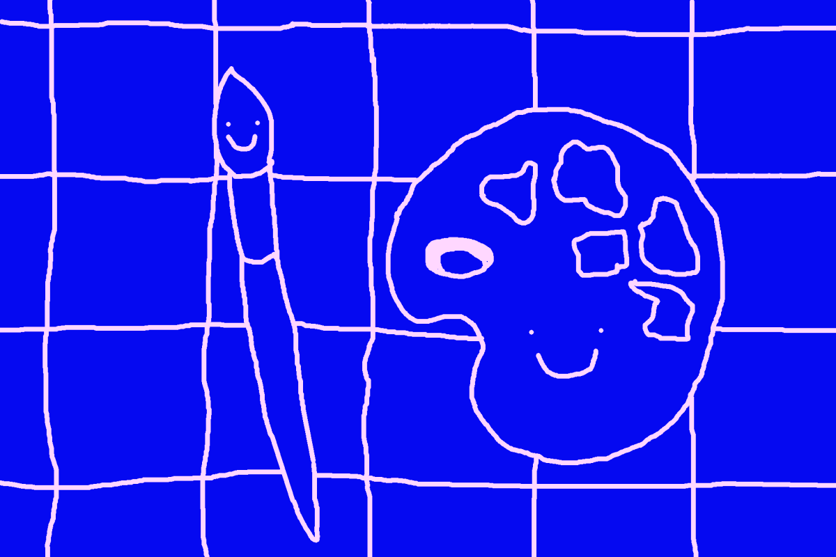 Sur un fond bleu, le dessin d'une grille formant des grands carrés à main levée et par dessus le dessin d'une palette et d'un pinceau