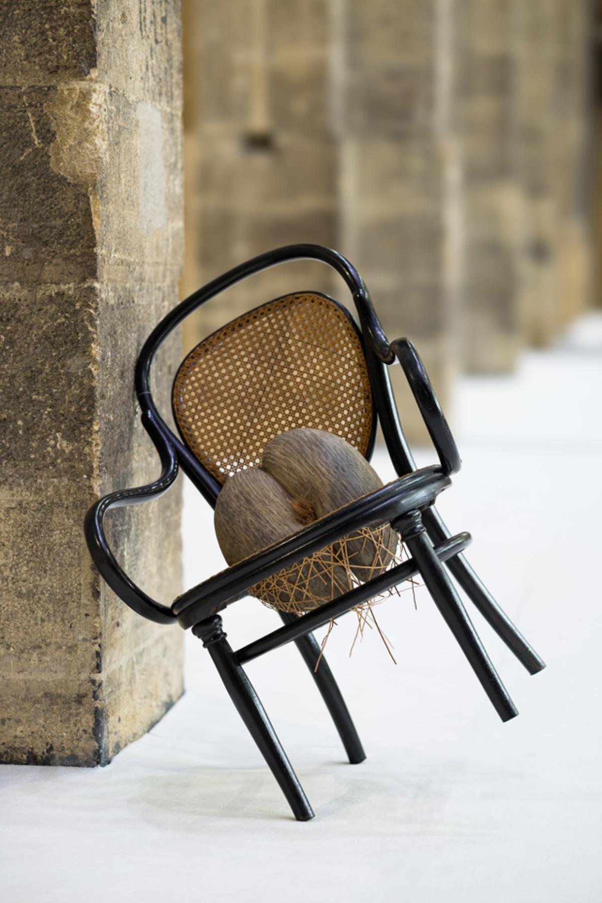 Un fauteuil est appuyé en équilibre contre un mur en pierre. L'assise en cannage est transpercée et retient une graine "Coco fesse"