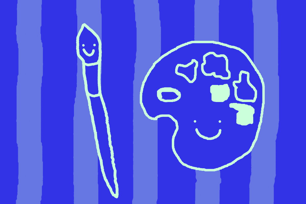 Dessin naïf d'un pinceau et d'une palette sur un fond alternant des bandes de couleur violette foncée et claire